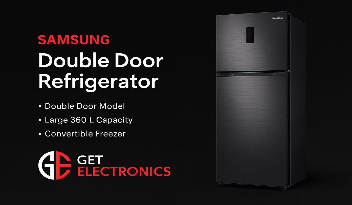 Samsung double door refrigerator with key features on a black background