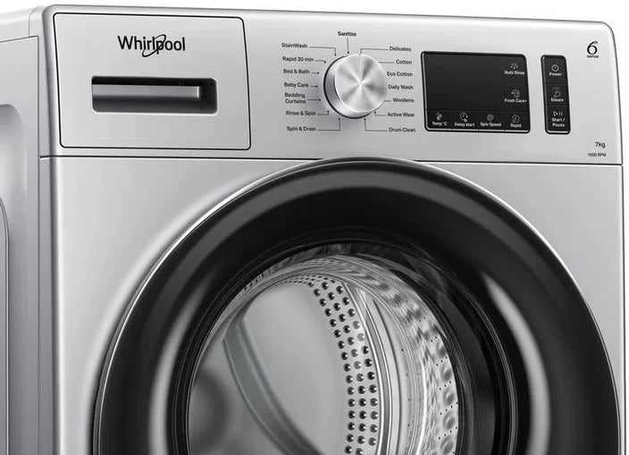 Whirlpool 7 kg with Steam,inverter Fully Automatic Front Load Washing Machine with In-built Heater Silver (Xpert Care XO7012BYS, Magestic Silver)